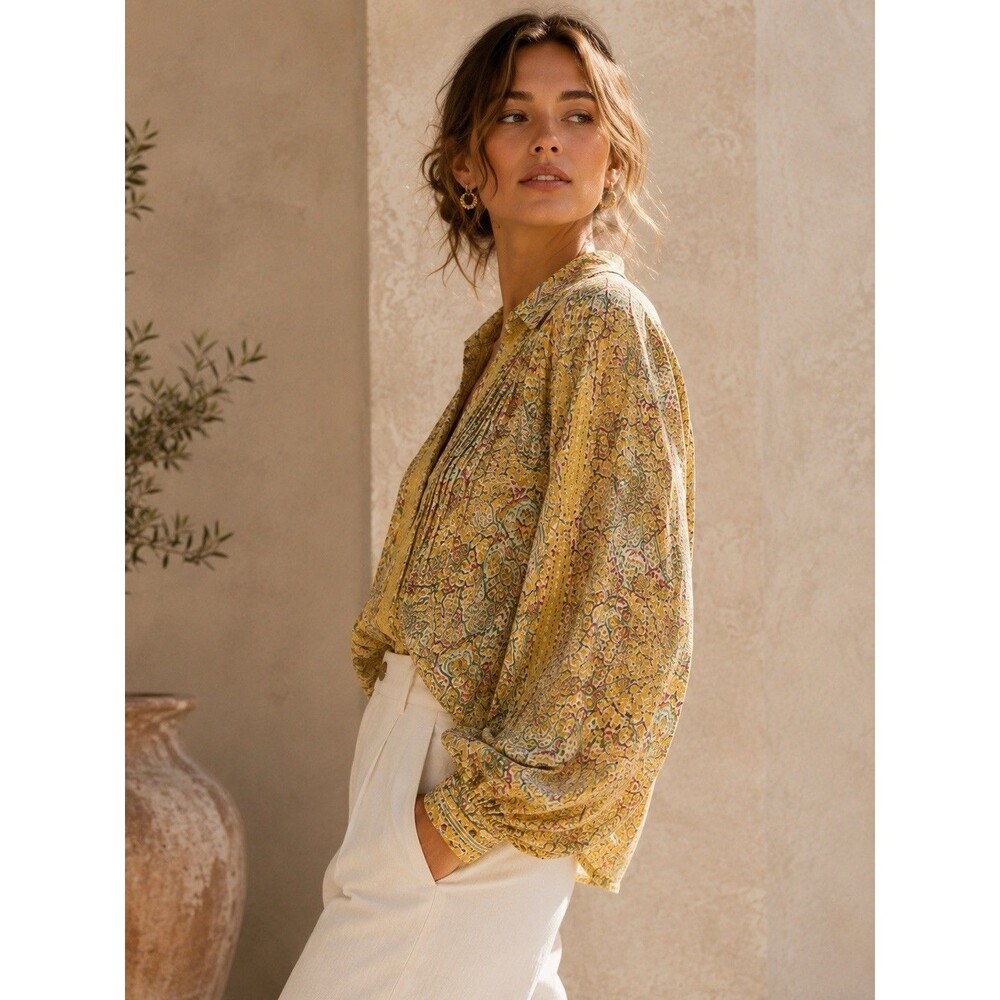 Anthropologie Pilcro Pintuck Peasant Blouse Yellow Floral Lace Trim Size S - Picture 8 of 16